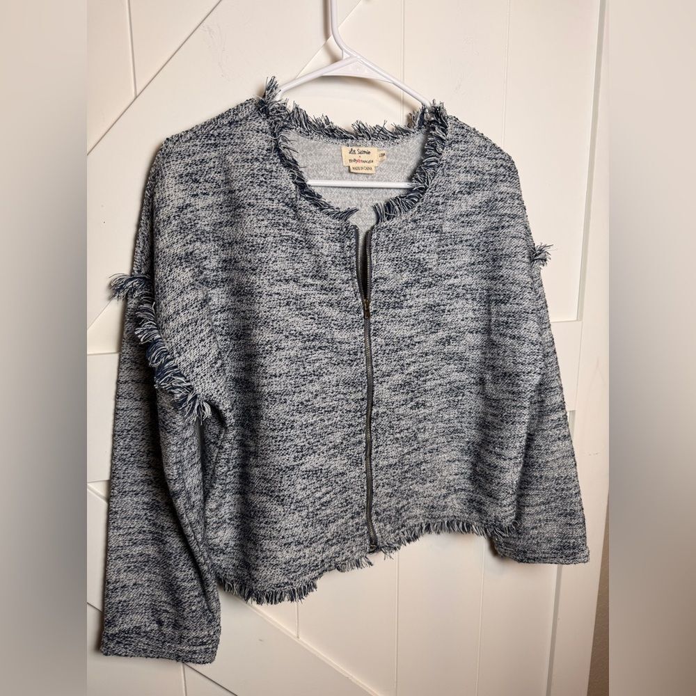 New Lili Sidonio Molly Bracken Textured Blue and Gray Jacket Large Fringe Zip Up